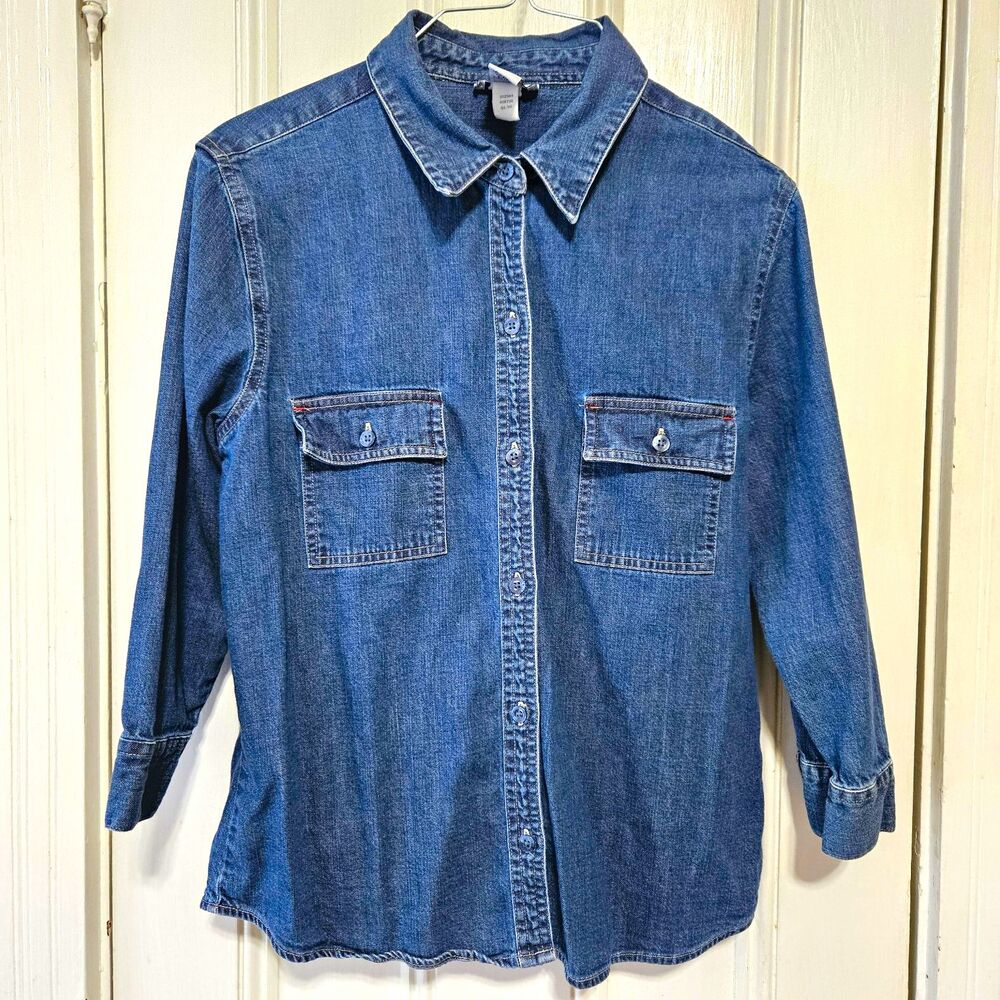 Vintage Y2K Old Navy Denim Shirt Medium Blue Long Sleeve Button Down Cotton 2000